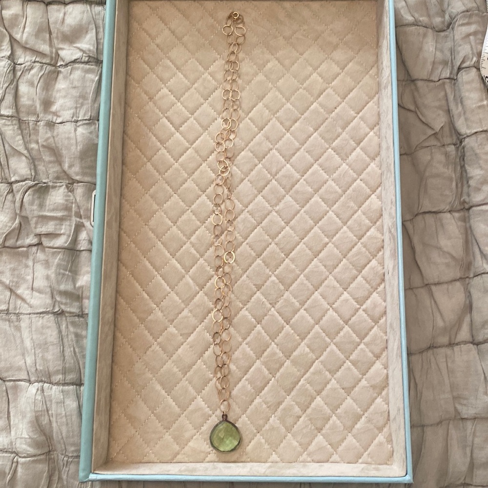 Vintage green glass and brass chain. Length 16”. Pendant 1”